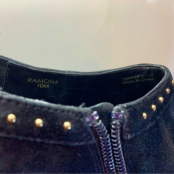Tahari Ramona Black Suede Leather Gold Studs Ankle Boots Bootie Heels Shoes 10M - Picture 3 of 11